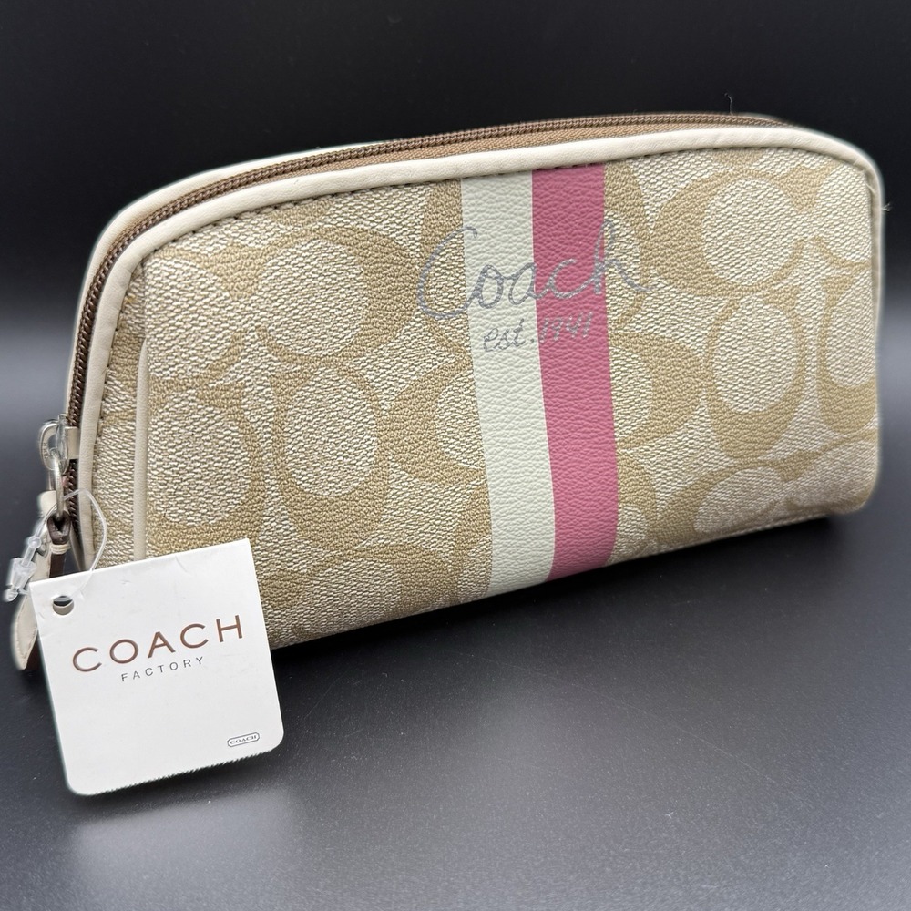 Coach Signature C Logo Y2K Pink & White Stripe Cosmetic Pouch Light Khaki F43504